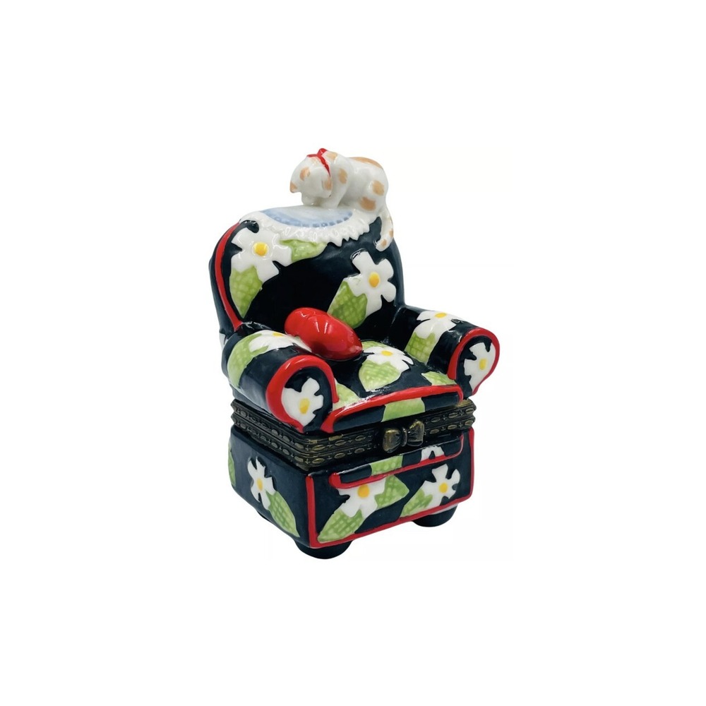 Mary Engelbreit Porcelain Trinket Box Floral Chair Heart Cat Hinged Enesco 1998 - Picture 11 of 11